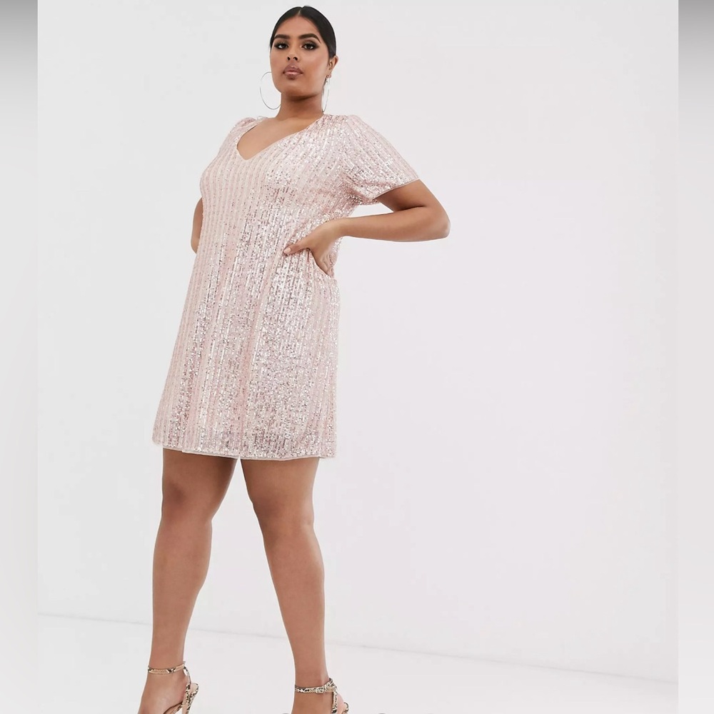 TFNC London stripe sequin t-shirt dress in pink and silver